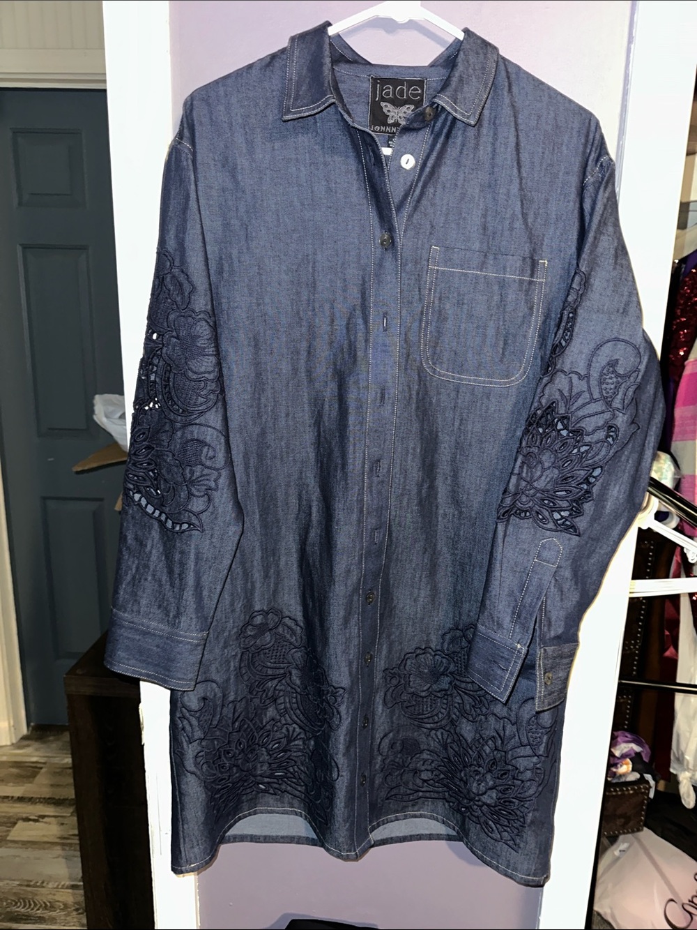 Johnny Was Indigo Denim Embroidered Long Sleeve Shirt Dress